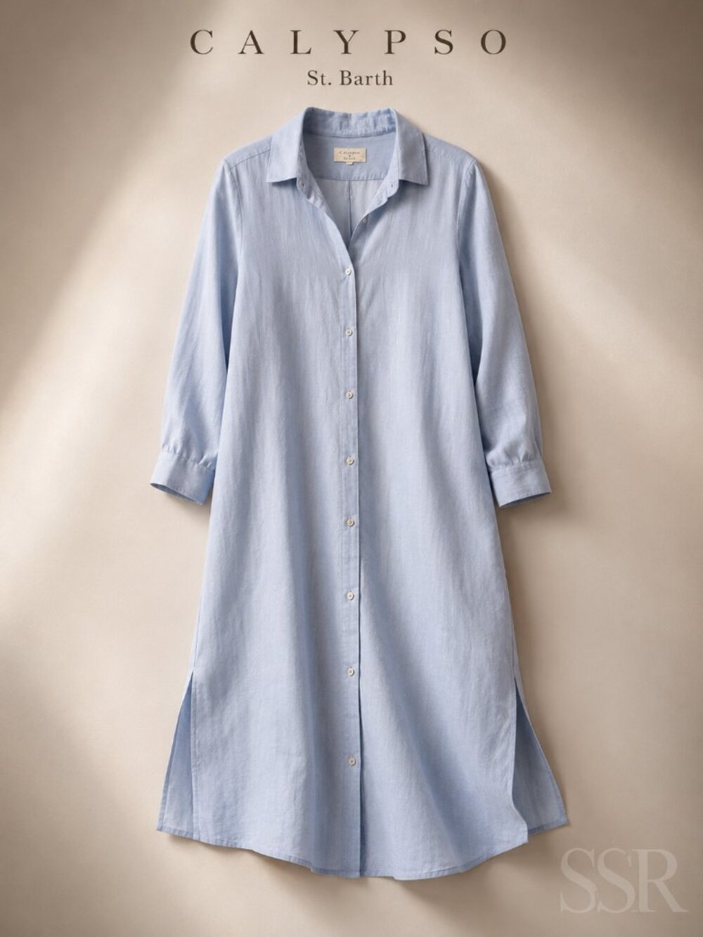 Calypso St. Barth Blue Linen Blend Shirt Dress Midi Long Sleeve Button Front M/L